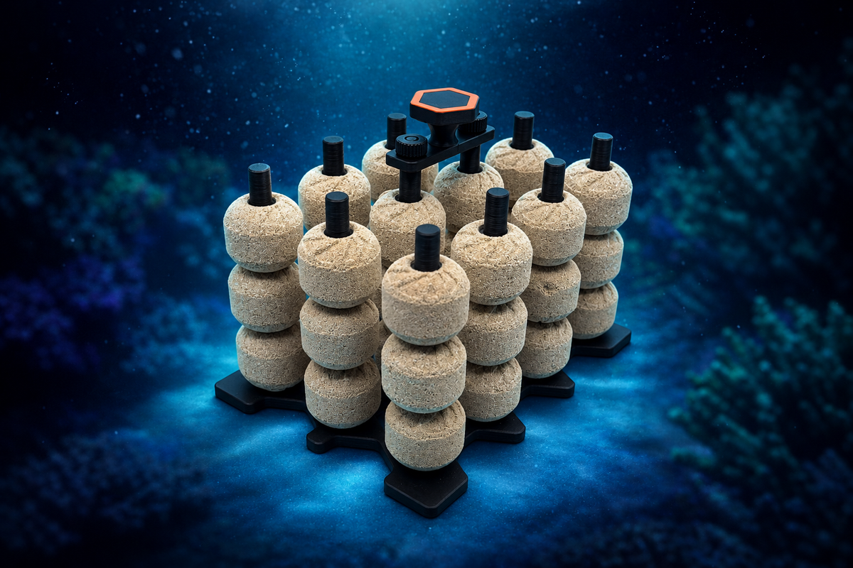 Maxspect Nano-Tech Bio-Spheres mediahouder tegen een donkere onderwaterachtergrond