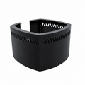 Front angled view of the redesigned black AI Prime 16 HD light shade, showing the extended panels and diagonal ventilation slots.