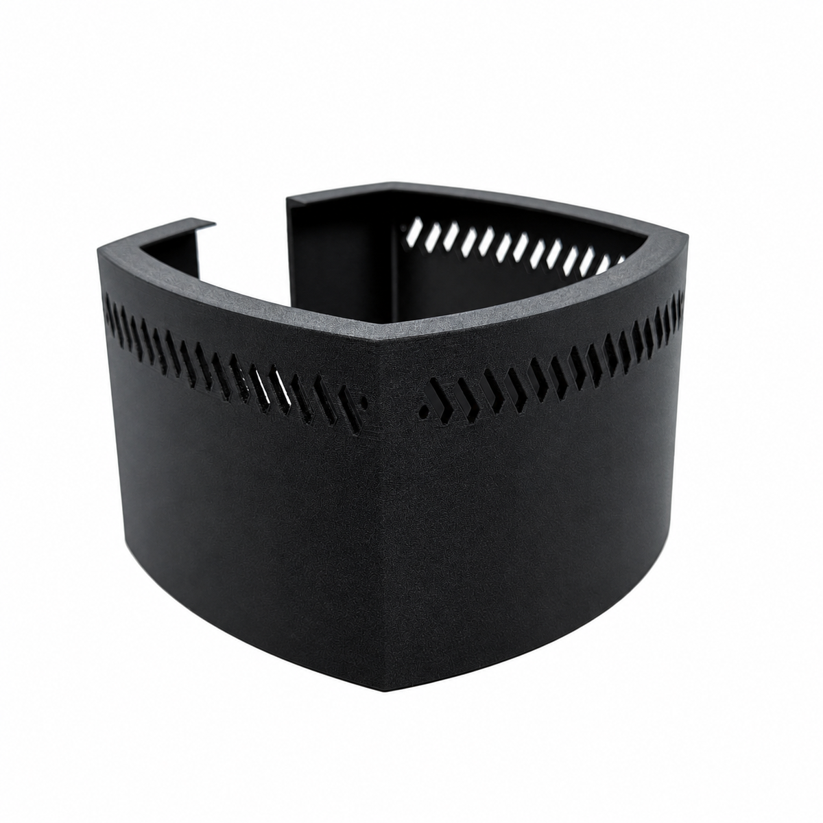 Front angled view of the redesigned black AI Prime 16 HD light shade, showing the extended panels and diagonal ventilation slots.