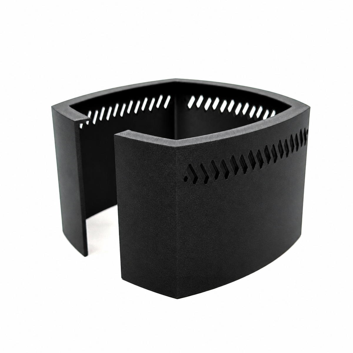 Side angled view of the redesigned AI Prime 16 HD light shade, showing the rear opening and extended curved panels.