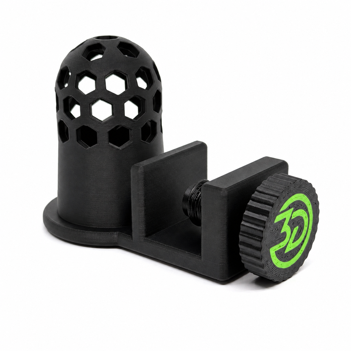 Frozen food feeder shown upside down with assembled clamp and green logo screw