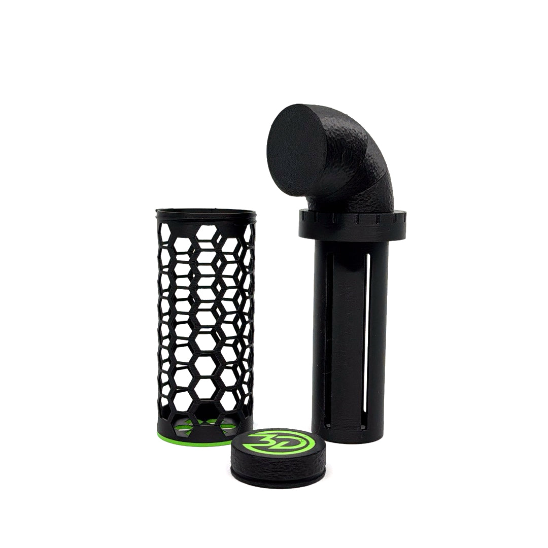 Magnetic nori feeder disassembled to show the outer cage, slotted inner cylinder with cap, curved mount and external magnet holder.
